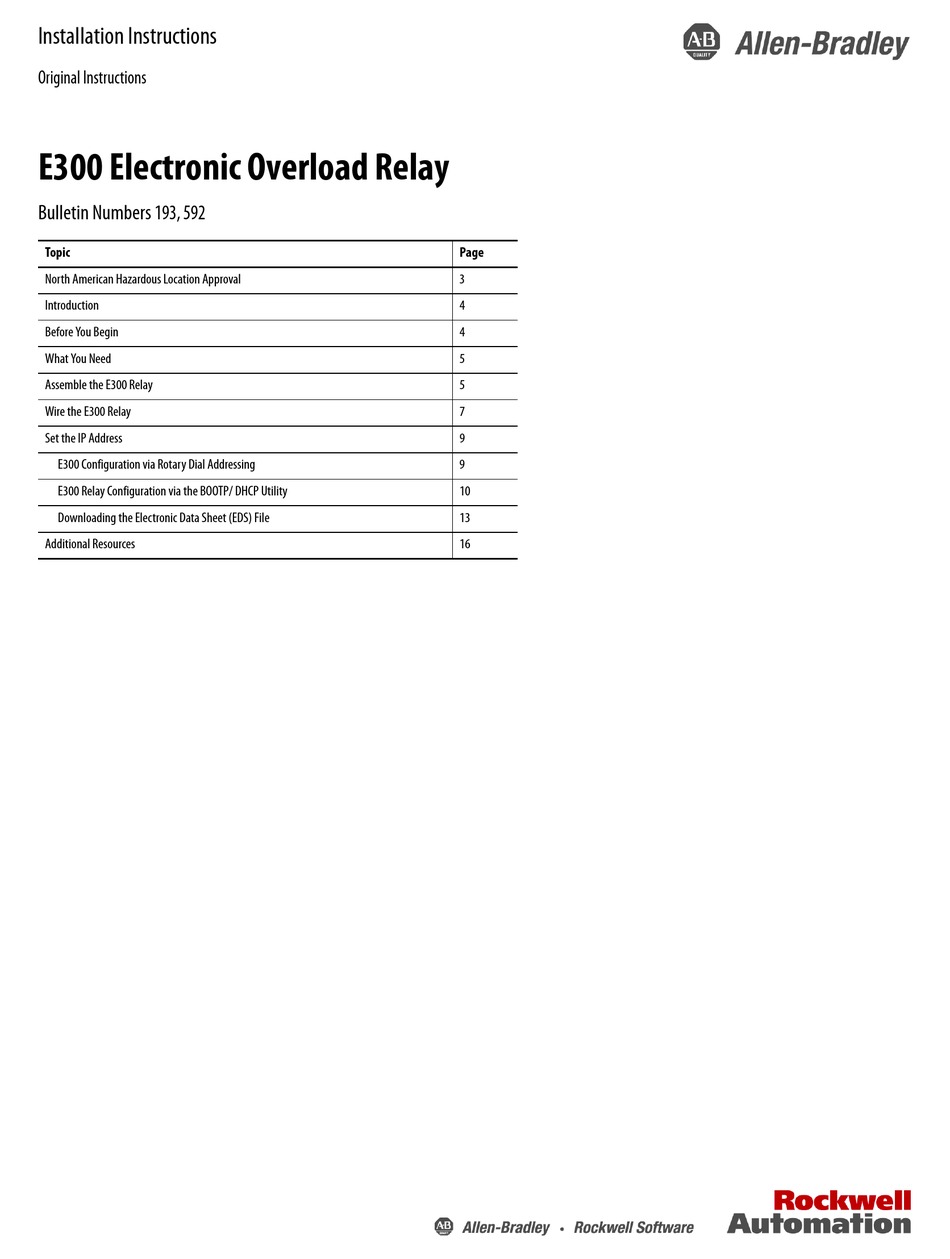 ALLENBRADLEY E300 INSTALLATION INSTRUCTIONS MANUAL Pdf Download