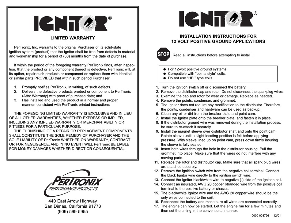 PERTRONIX IGNITOR INSTALLATION INSTRUCTIONS Pdf Download ManualsLib