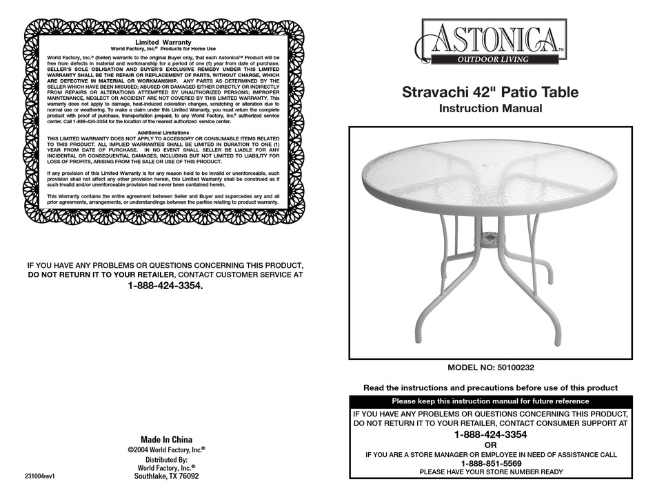 Astonica 50100232 Instruction Manual, Astonica Outdoor Living Patio Furniture