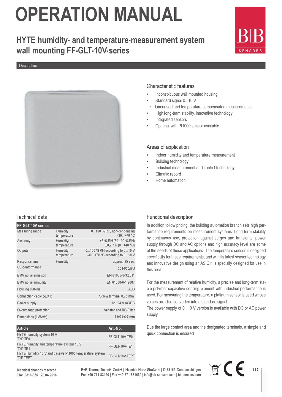 B+B SENSORS FF-GLT-10V-TE0 OPERATION MANUAL Pdf Download | ManualsLib