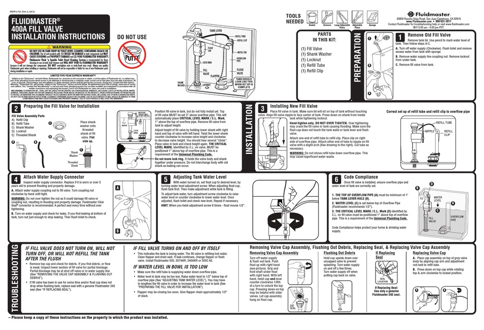 FLUIDMASTER 400A INSTALLATION INSTRUCTIONS Pdf Download ManualsLib