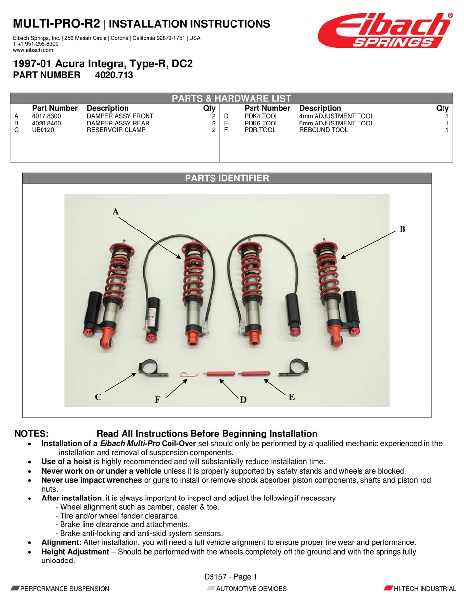 EIBACH MULTIPROR2 INSTALLATION INSTRUCTIONS MANUAL Pdf Download