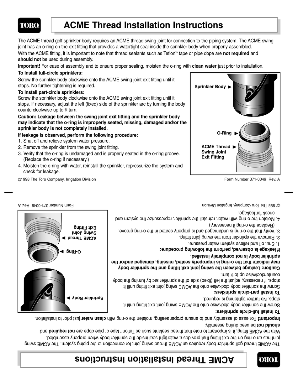 TORO ACME INSTALLATION INSTRUCTIONS Pdf Download ManualsLib