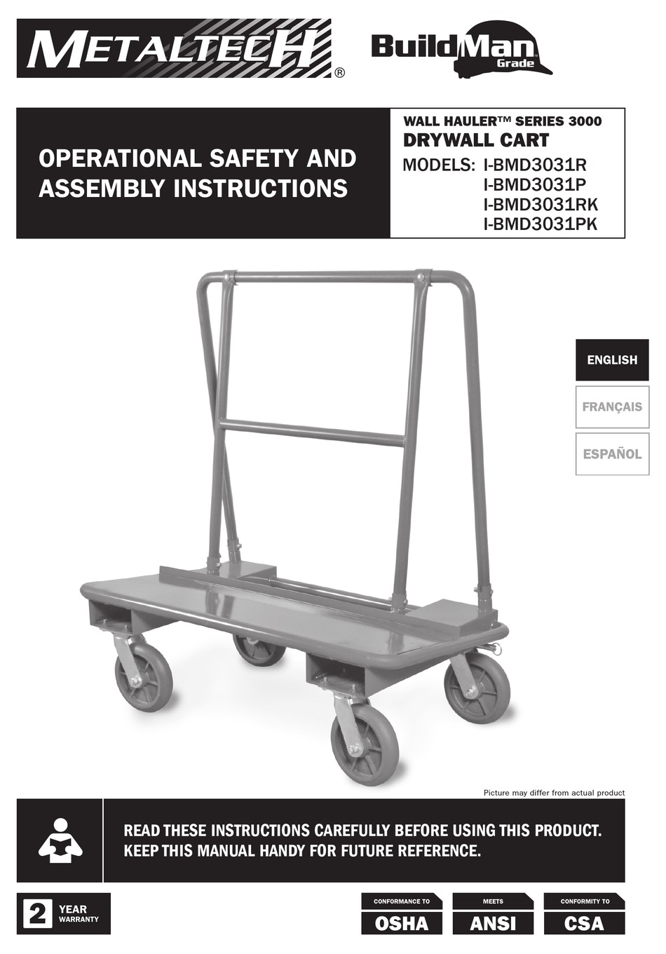 METALTECH WALL HAULER IBMD3031R OPERATIONAL SAFETY AND ASSEMBLY