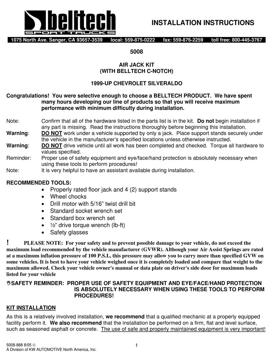 BELLTECH 5008 INSTALLATION INSTRUCTIONS MANUAL Pdf Download ManualsLib