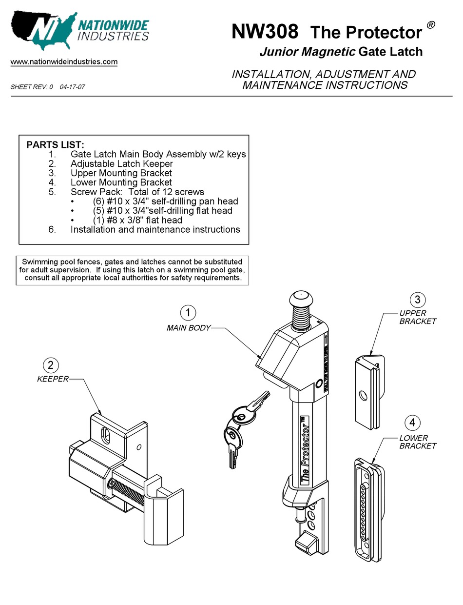 NATIONWIDE INDUSTRIES THE PROTECTOR NW308 INSTALLATION, ADJUSTMENT AND