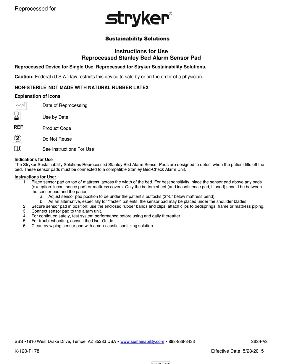 STRYKER REPROCESSED STANLEY BED ALARM SENSOR PAD INSTRUCTIONS FOR USE