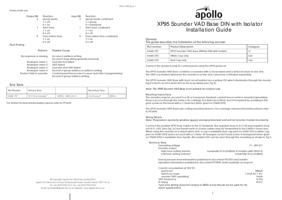 APOLLO XP95 INSTALLATION MANUALS Pdf Download | ManualsLib