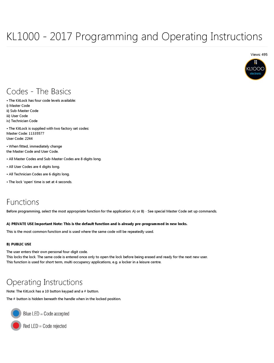 KITLOCK KL1000 PROGRAMMING AND OPERATING INSTRUCTIONS Pdf Download