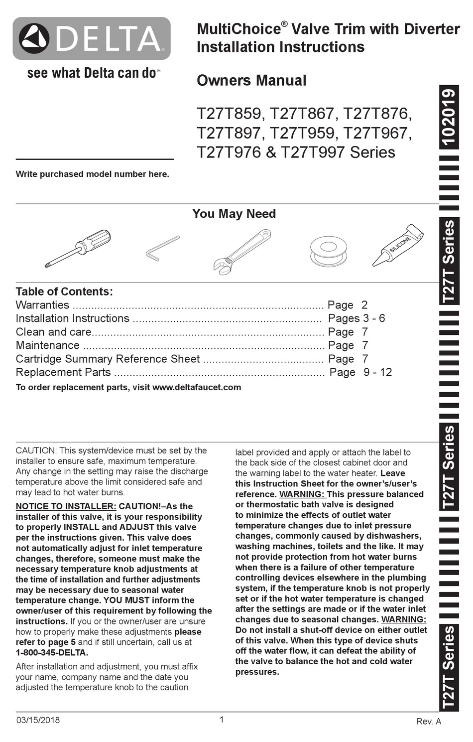 DELTA T27T859 INSTALLATION INSTRUCTIONS MANUAL Pdf Download | ManualsLib