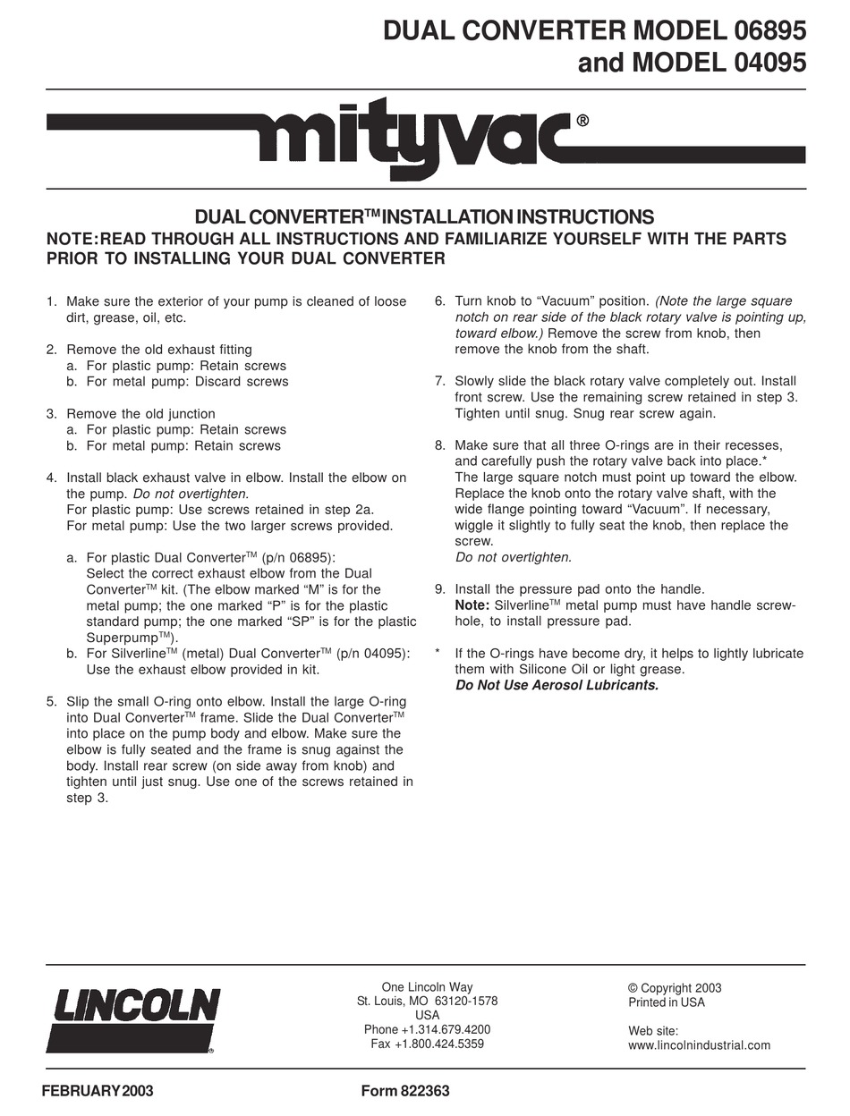 MITYVAC DUAL CONVERTER INSTALLATION INSTRUCTIONS Pdf Download ManualsLib
