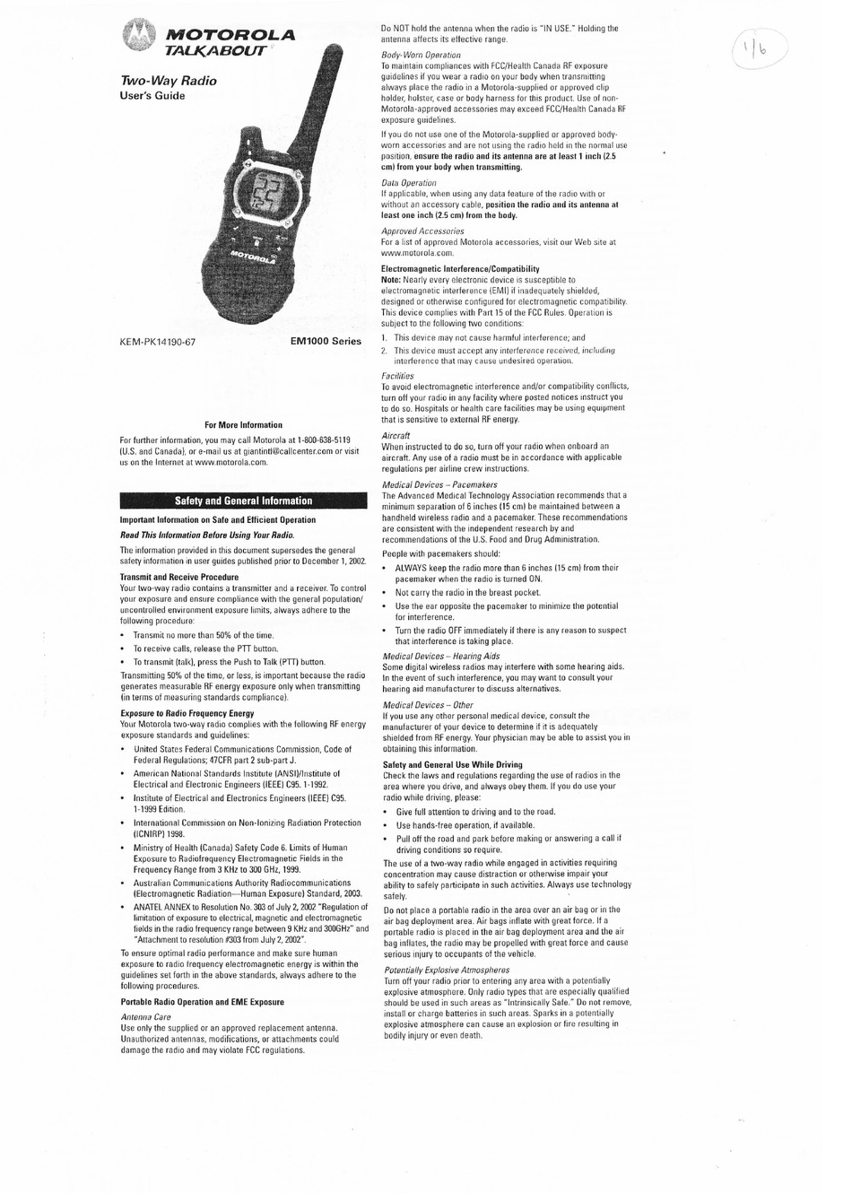 MOTOROLA TALKABOUT EM1000 SERIES USER MANUAL Pdf Download ManualsLib