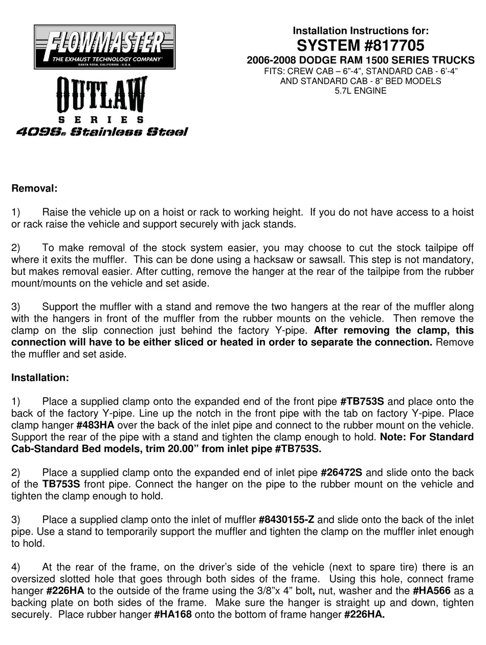 FLOWMASTER OUTLAW 817705 INSTALLATION INSTRUCTIONS MANUAL Pdf Download