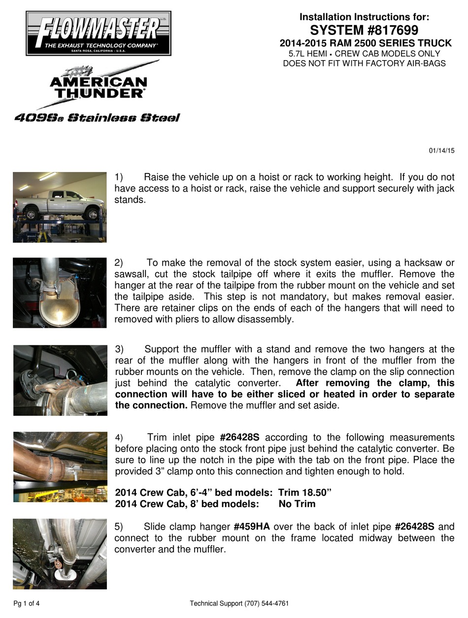 FLOWMASTER AMERICAN THUNDER 817699 INSTALLATION INSTRUCTIONS MANUAL Pdf