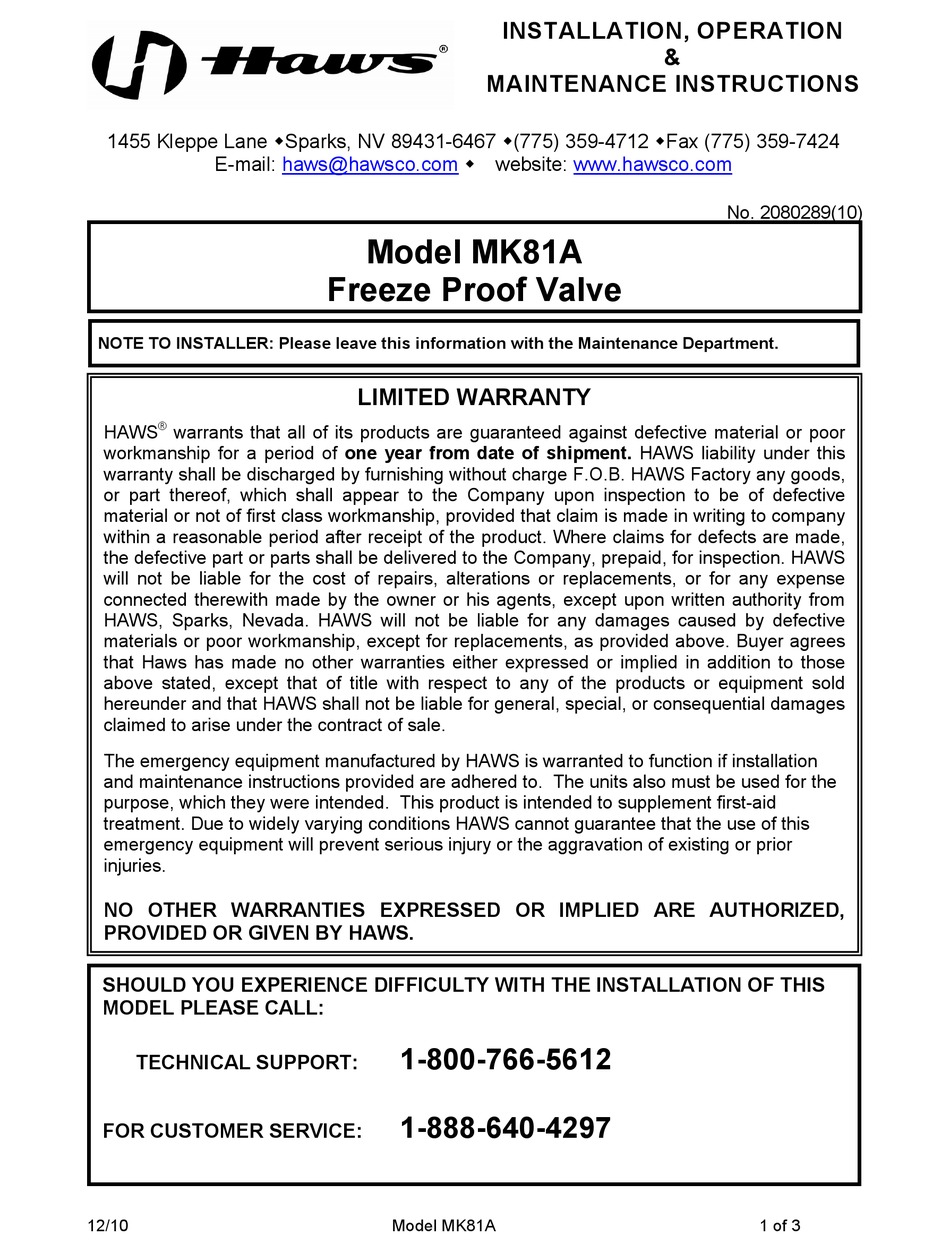 HAWS MK81A INSTALLATION OPERATION & MAINTENANCE Pdf Download ManualsLib
