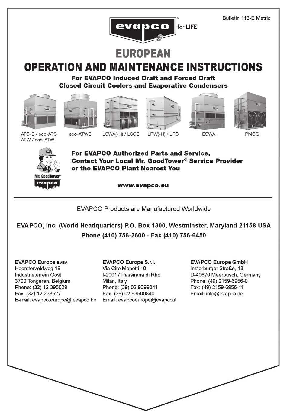 EVAPCO ATCE OPERATION AND MAINTENANCE INSTRUCTION MANUAL Pdf Download