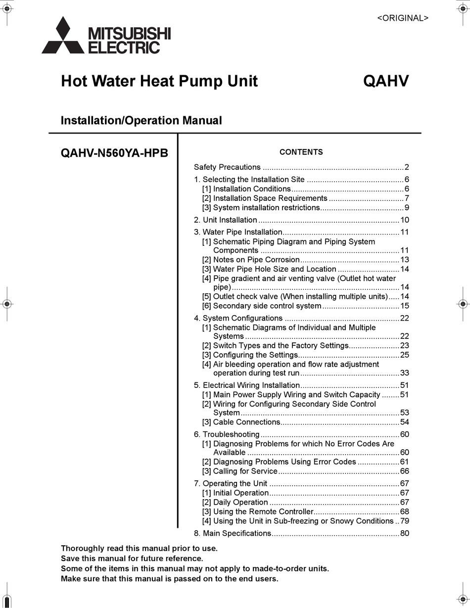 MITSUBISHI ELECTRIC QAHVN560YAHPB INSTALLATION & OPERATION MANUAL Pdf