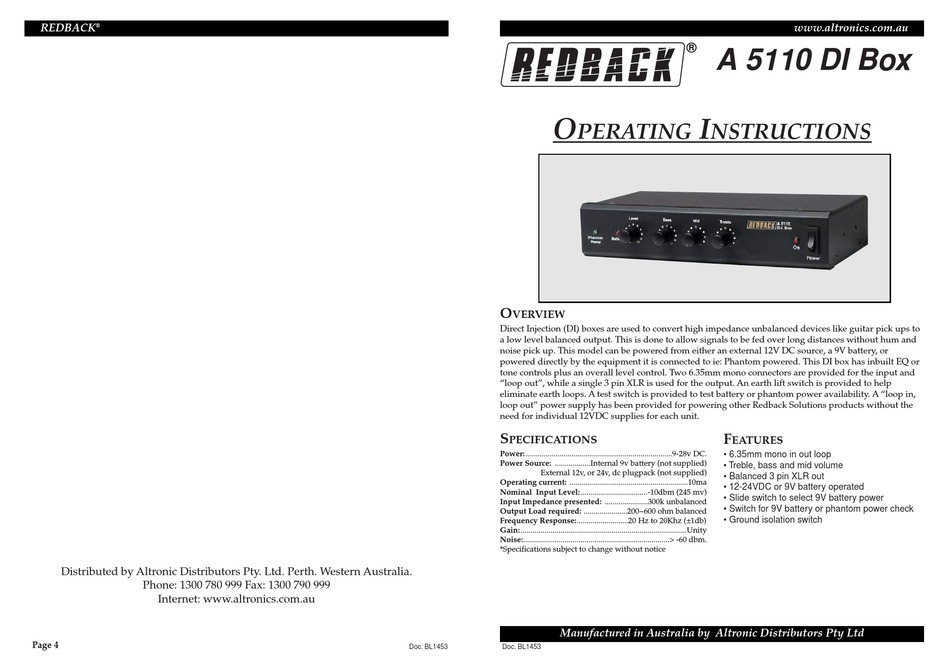 REDBACK A 5110 DI BOX OPERATING INSTRUCTIONS Pdf Download ManualsLib