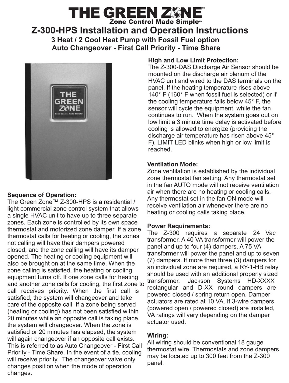 JACKSON SYSTEMS THE GREEN ZONE Z300HPS INSTALLATION AND OPERATION INSTRUCTIONS Pdf Download