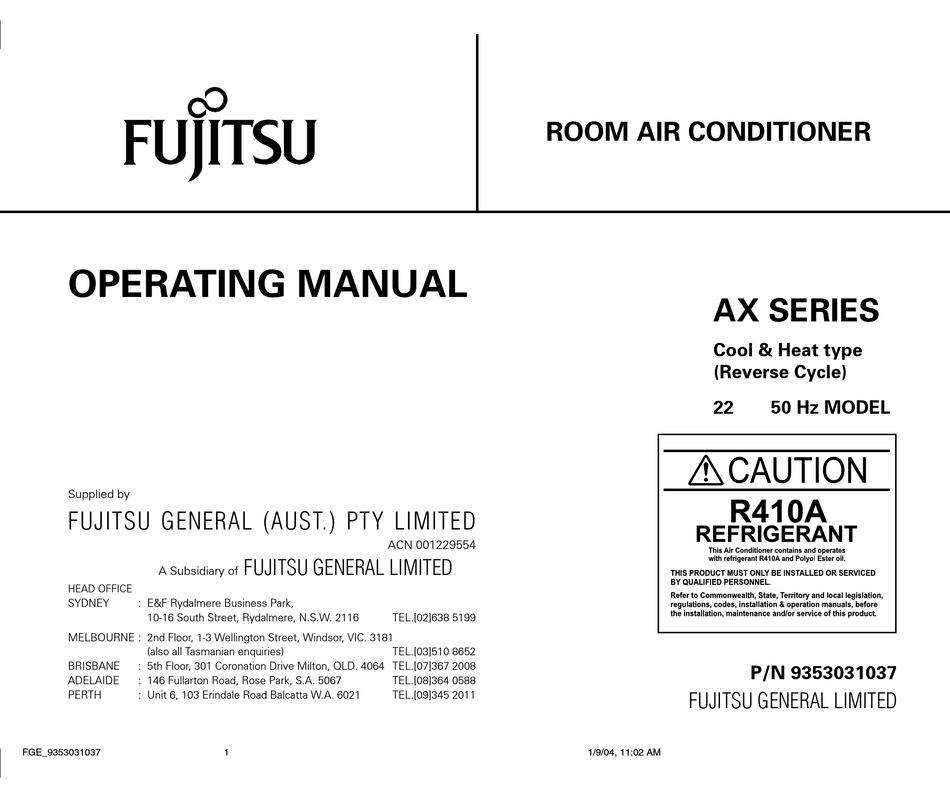 Fujitsu Ax Series Operating Manual Pdf Manualslib - Fujitsu Wall Mounted Air Conditioner Manual