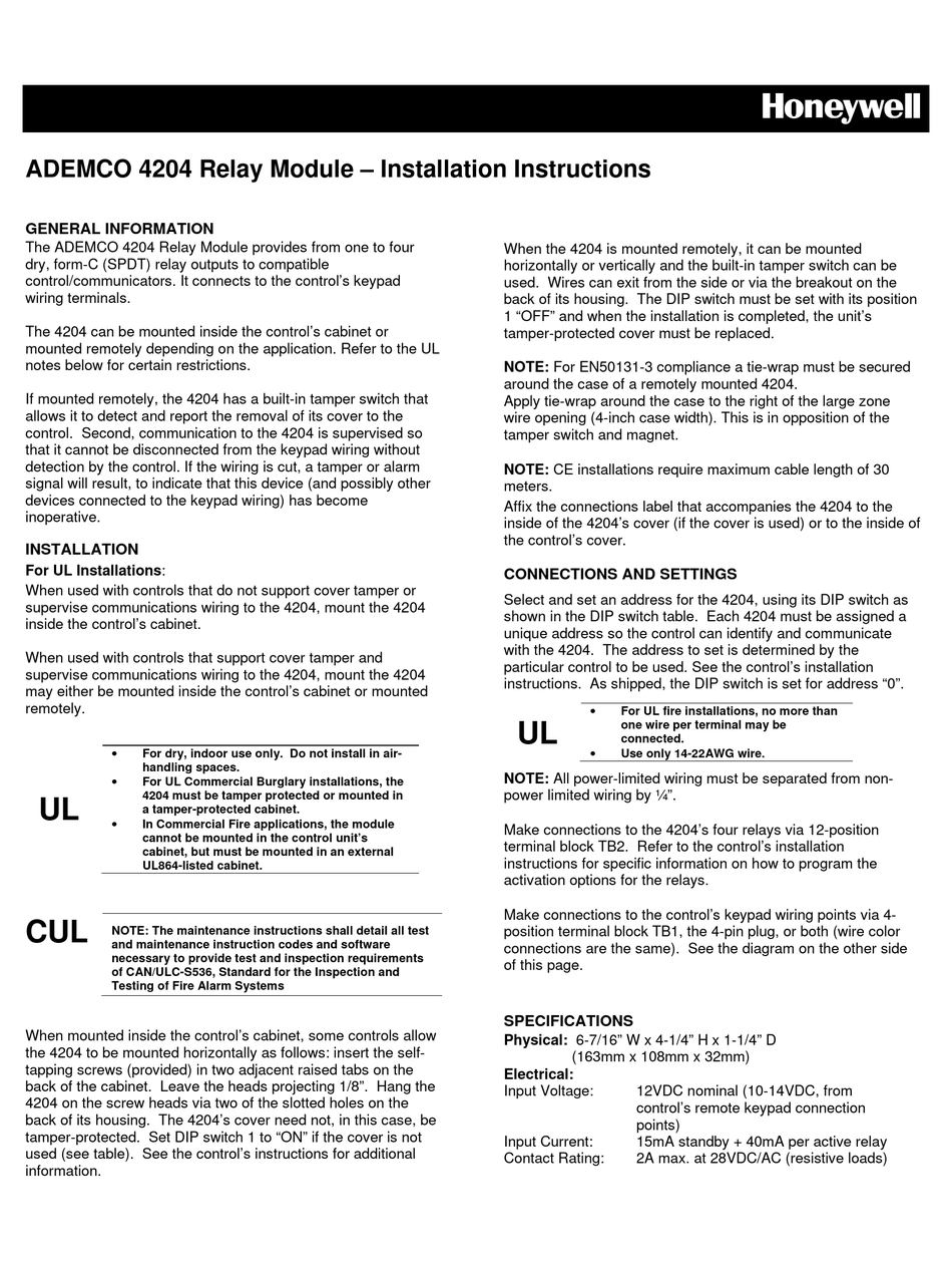 HONEYWELL ADEMCO 4204 INSTALLATION INSTRUCTIONS Pdf Download ManualsLib