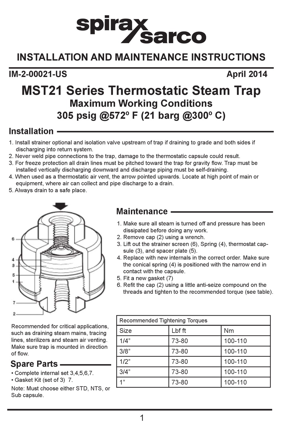 SPIRAX SARCO MST21 SERIES INSTALLATION AND MAINTENANCE INSTRUCTIONS Pdf