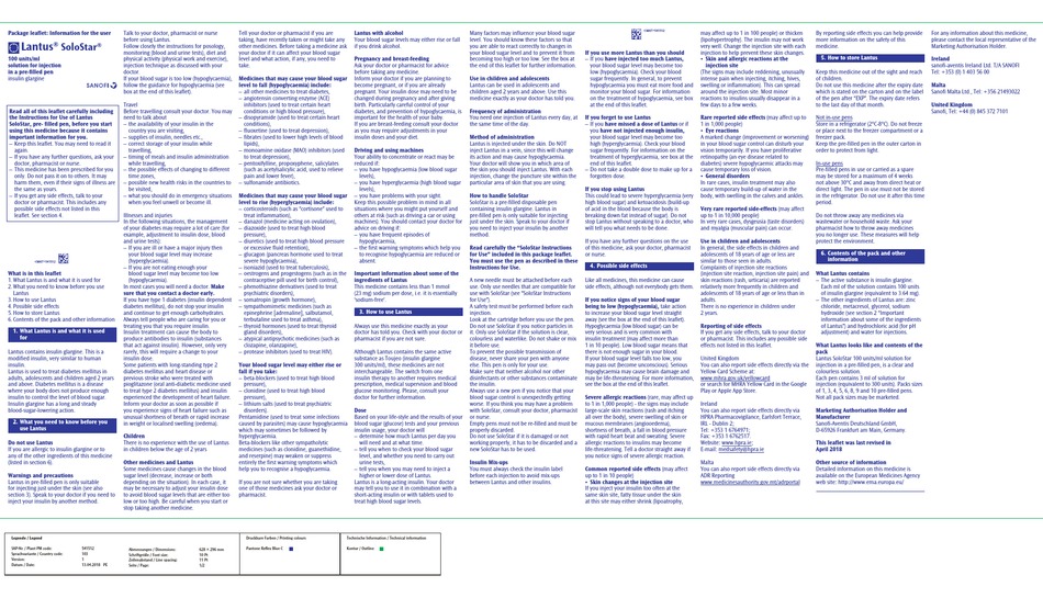 SANOFI LANTUS SOLOSTAR PACKAGE LEAFLET/INFORMATION FOR THE USER Pdf