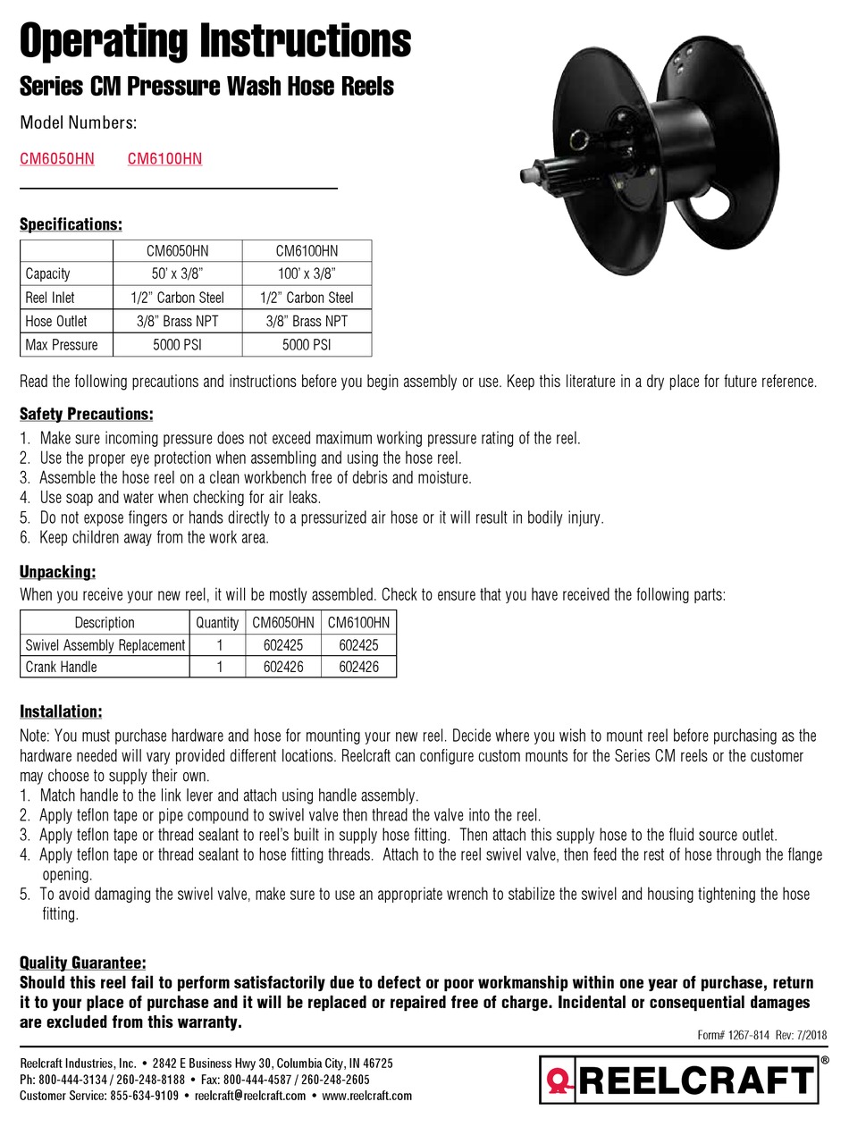 REELCRAFT CM6100HN OPERATING INSTRUCTIONS Pdf Download ManualsLib