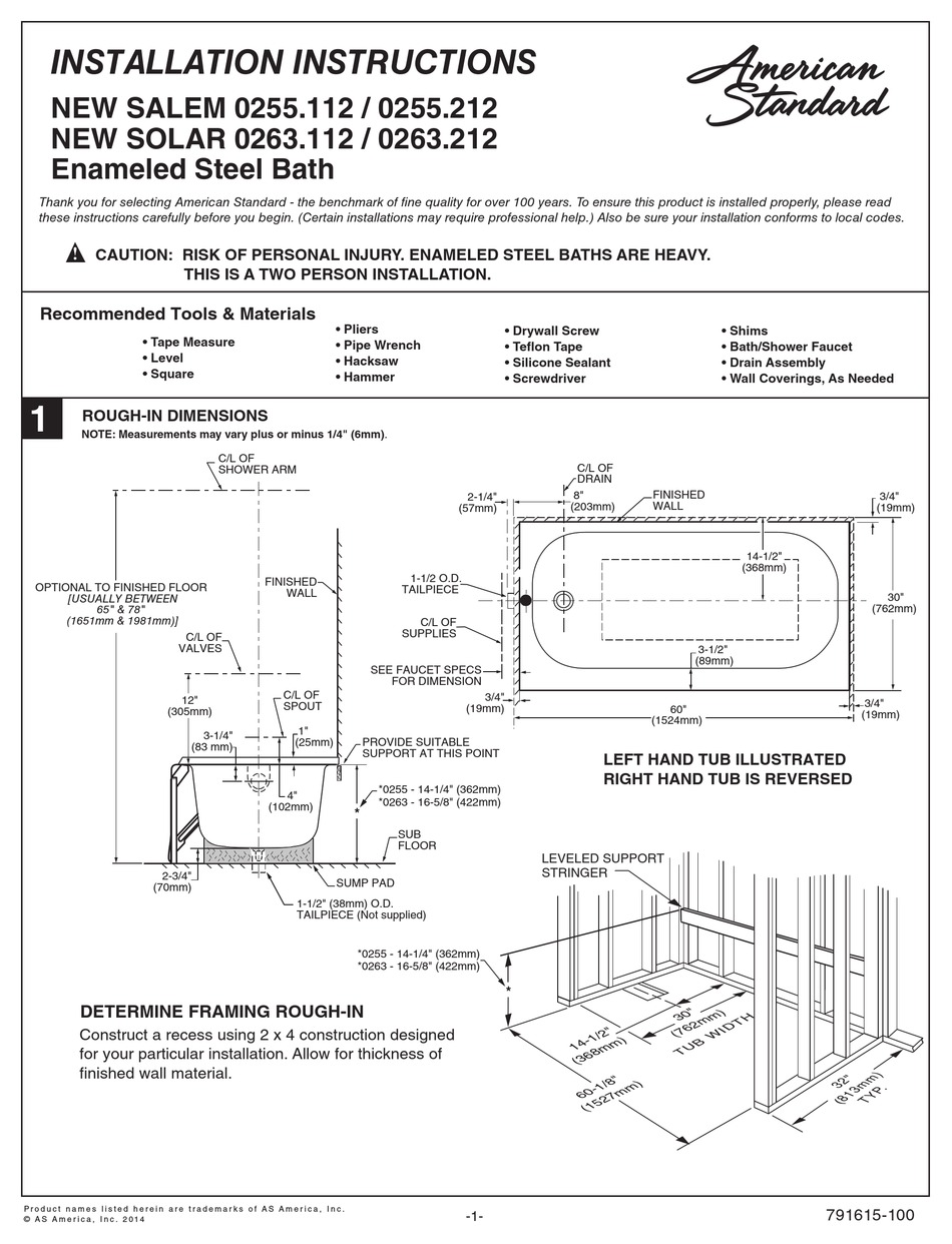 AMERICAN STANDARD NEW SALEM 0255.112 INSTALLATION INSTRUCTIONS Pdf
