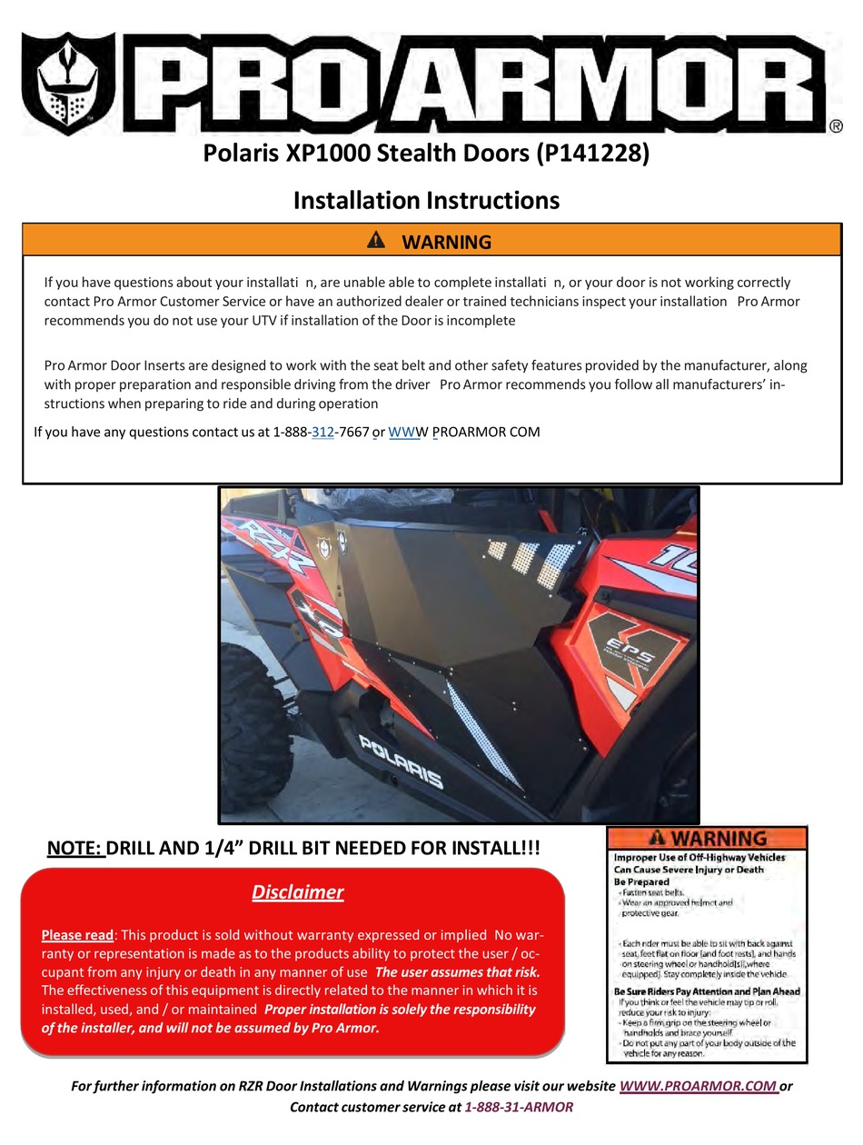 PRO ARMOR POLARIS XP1000 INSTALLATION INSTRUCTIONS Pdf Download