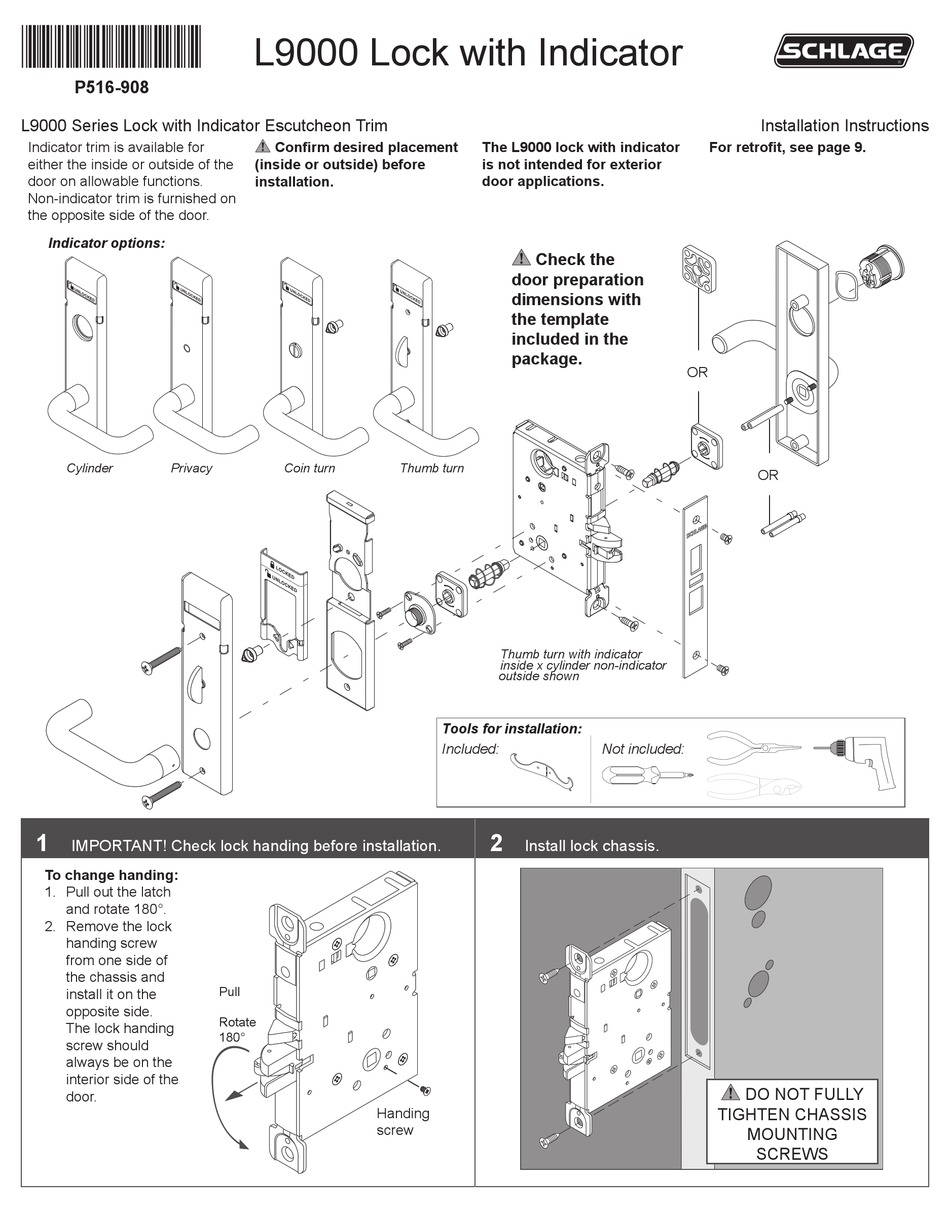 SCHLAGE L9000 SERIES INSTALLATION INSTRUCTIONS MANUAL Pdf Download