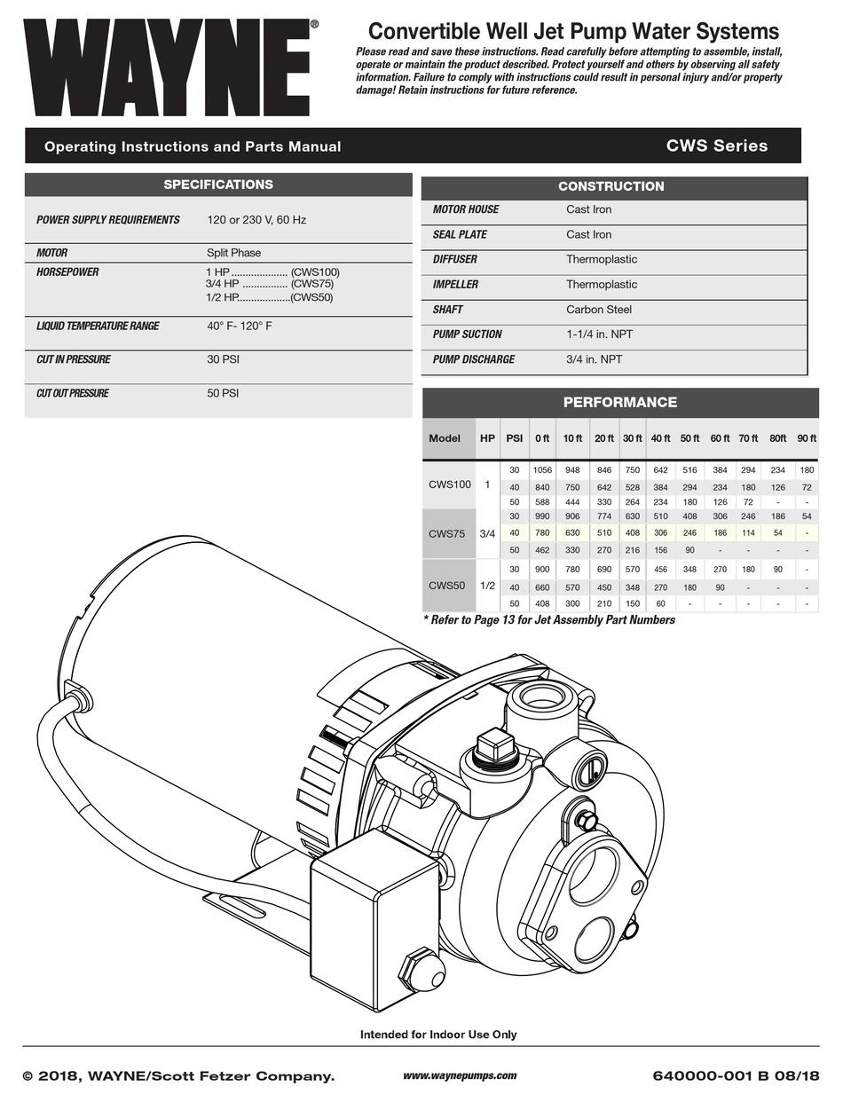 WAYNE CWS SERIES OPERATING INSTRUCTIONS AND PARTS MANUAL Pdf Download