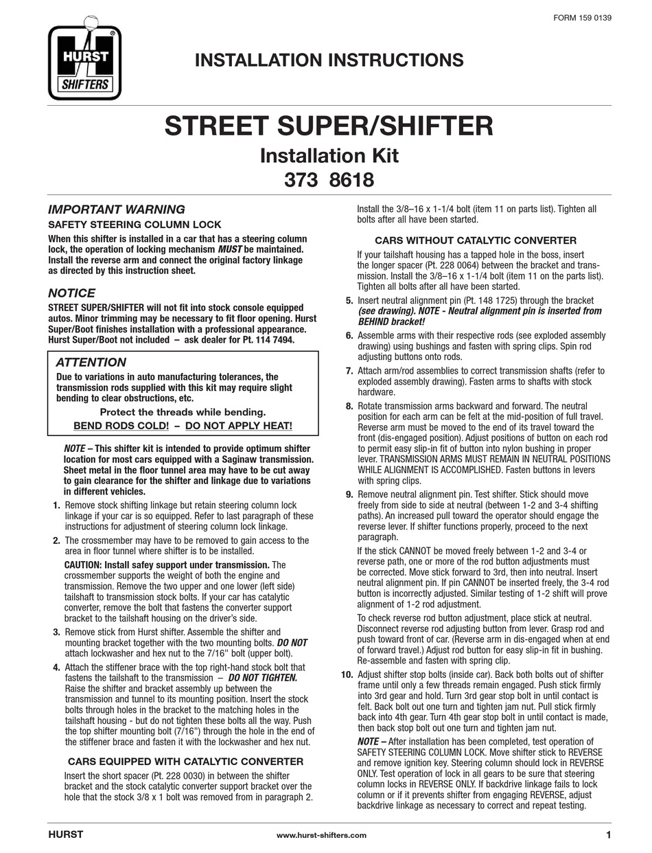 HURST STREET SUPER SHIFTER INSTALLATION INSTRUCTIONS Pdf Download