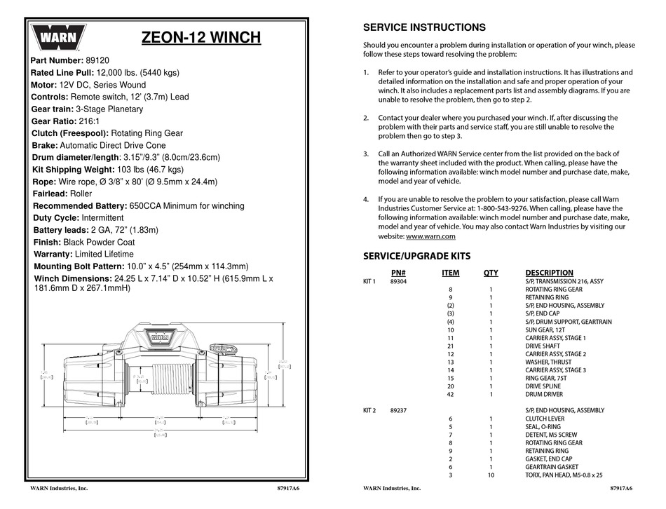WARN ZEON12 SERVICE INSTRUCTIONS MANUAL Pdf Download ManualsLib