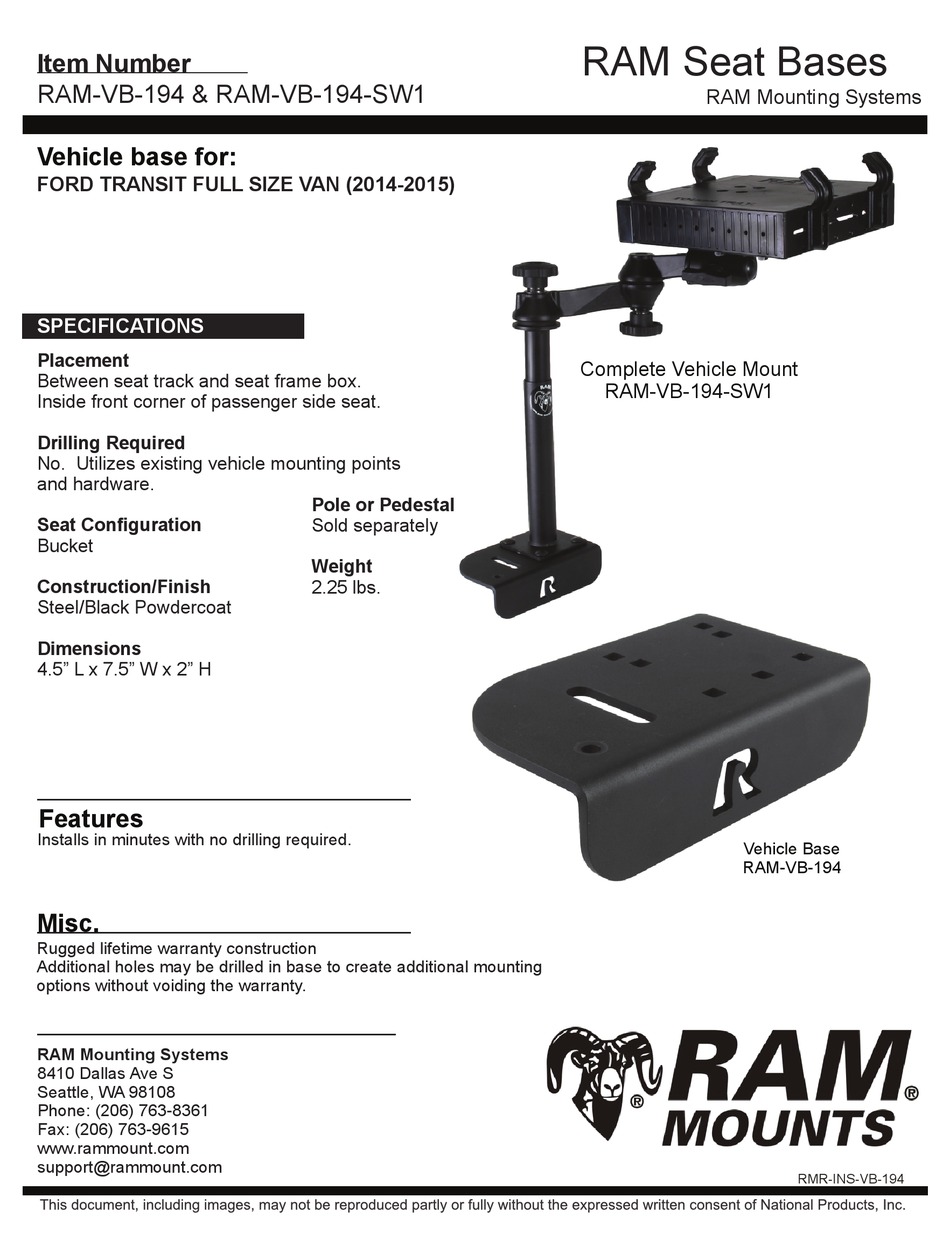 RAM MOUNTS RAMVB194 INSTALLATION INSTRUCTIONS Pdf Download ManualsLib