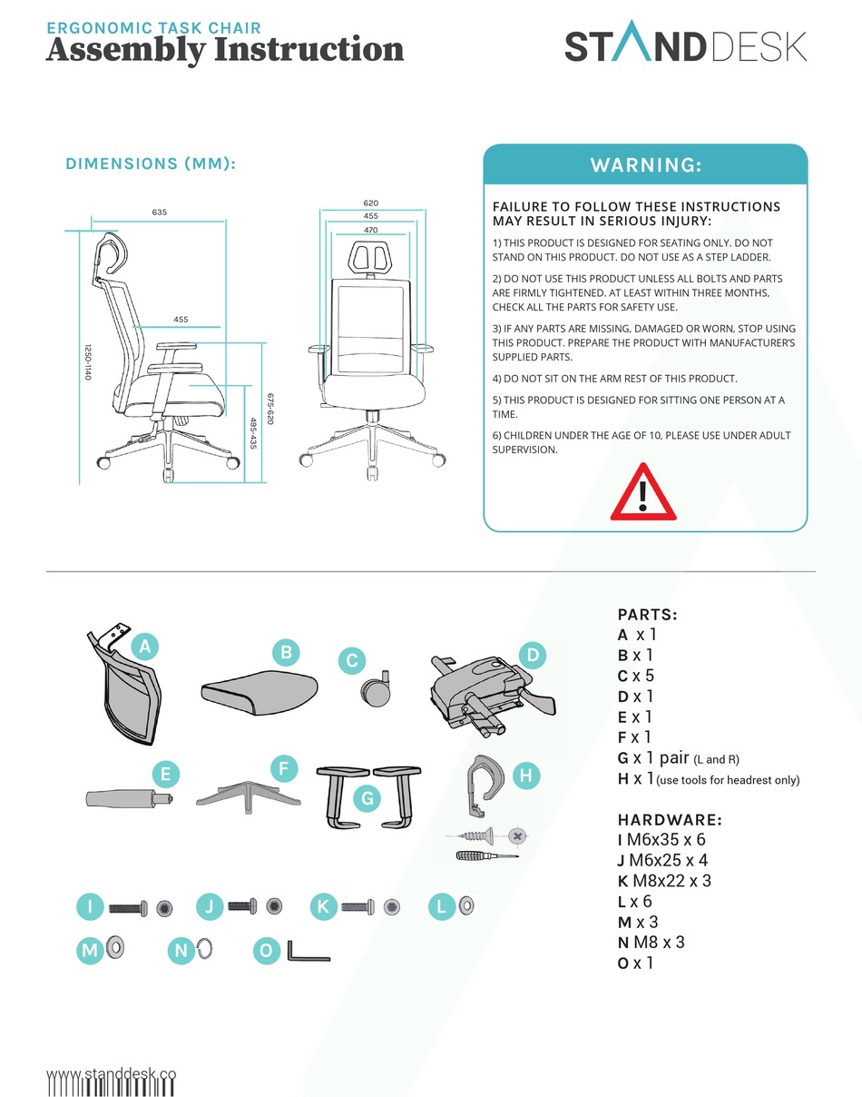 STANDDESK ERGONOMIC TASK CHAIR ASSEMBLY INSTRUCTION Pdf Download