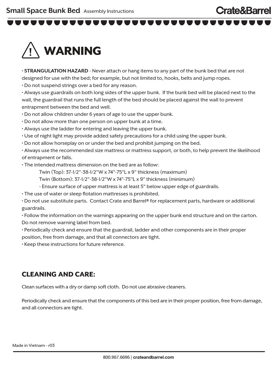 CRATE&BARREL SMALL SPACE BUNK BED ASSEMBLY INSTRUCTIONS MANUAL Pdf