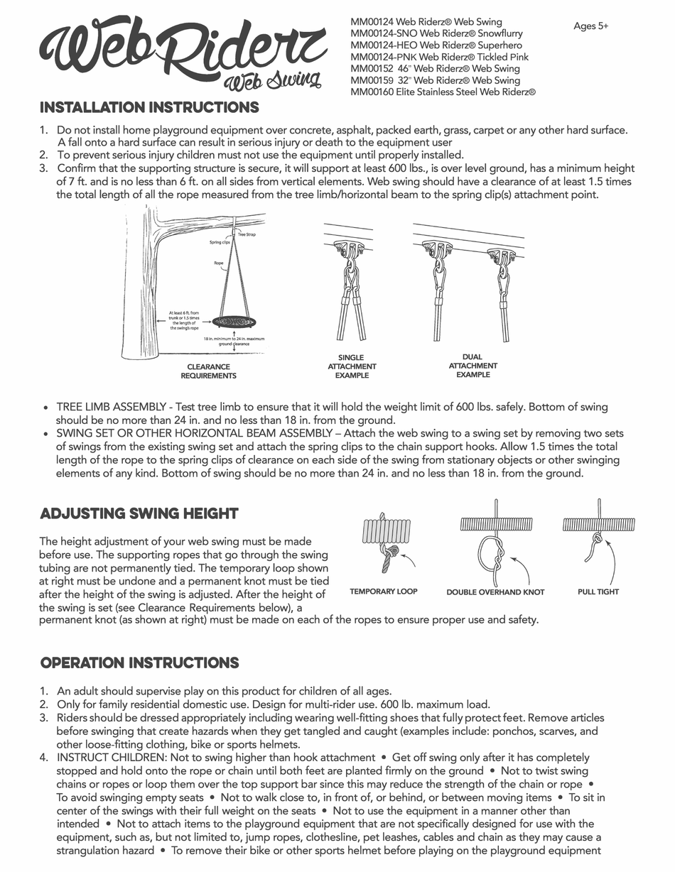 M&M SALES ENTERPRISES, INC. WEB RIDERZ MM00124 WEB SWING INSTALLATION
