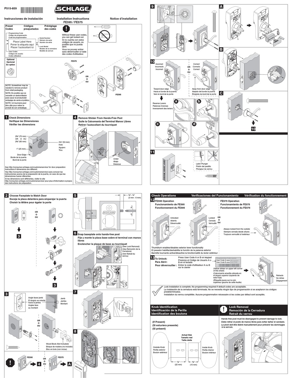 SCHLAGE FE595 INSTALLATION INSTRUCTIONS Pdf Download ManualsLib