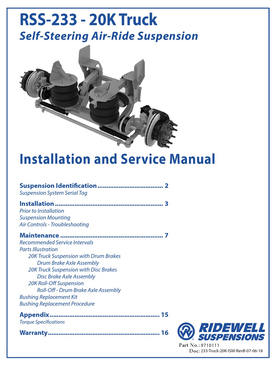 RIDEWELL SUSPENSIONS RSS233 INSTALLATION AND SERVICE MANUAL Pdf