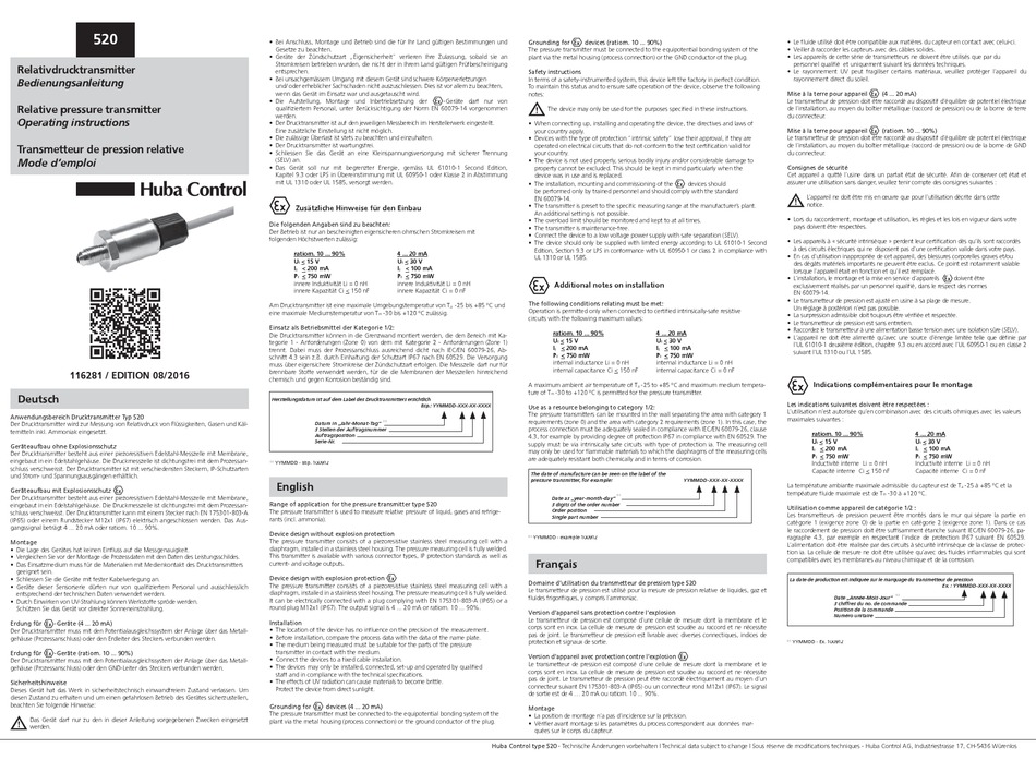 HUBA CONTROL 520 OPERATING INSTRUCTIONS Pdf Download ManualsLib