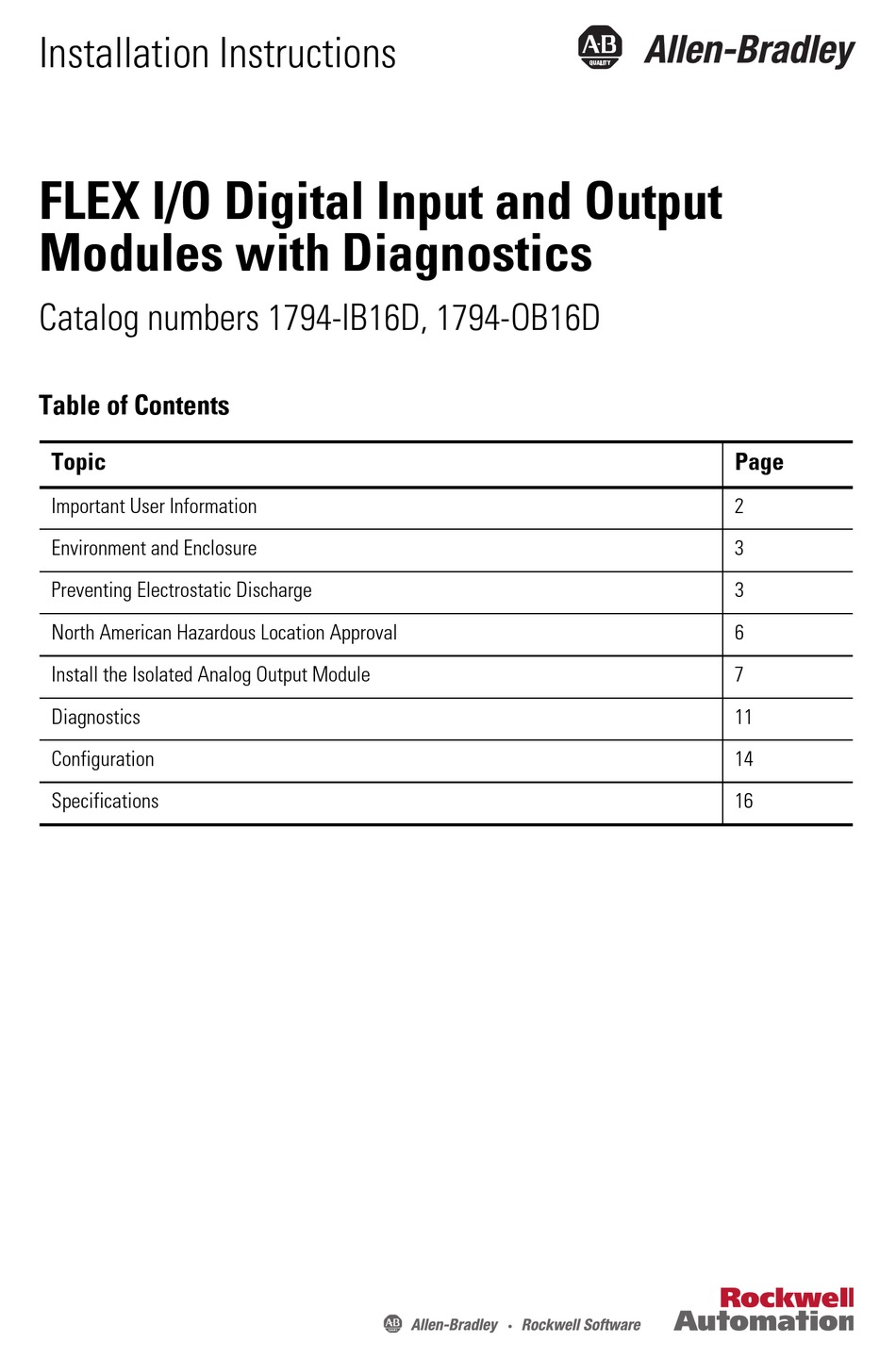ALLEN-BRADLEY 1794-IB16D INSTALLATION INSTRUCTIONS MANUAL Pdf Download
