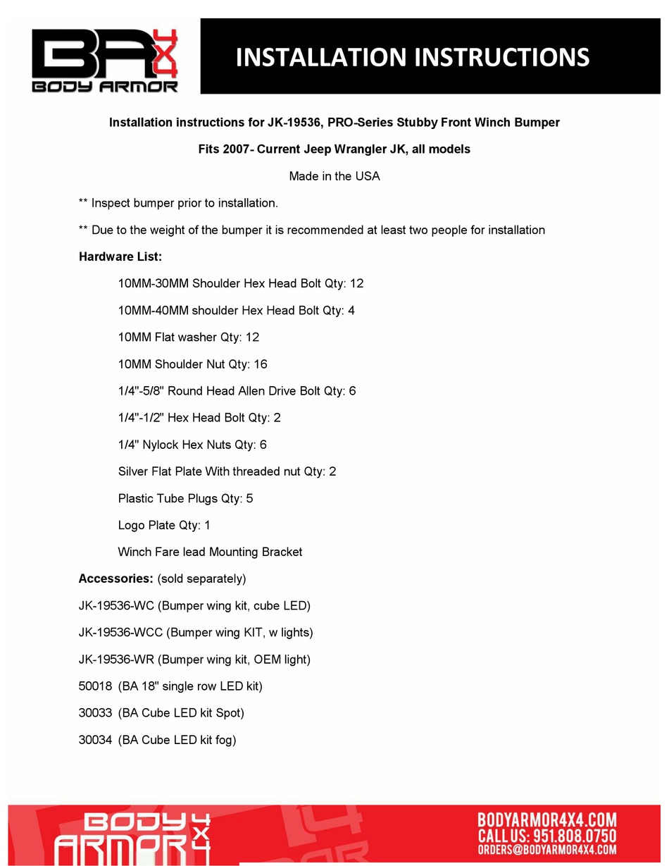 BODY ARMOR 4X4 PROSERIES INSTALLATION INSTRUCTIONS Pdf Download