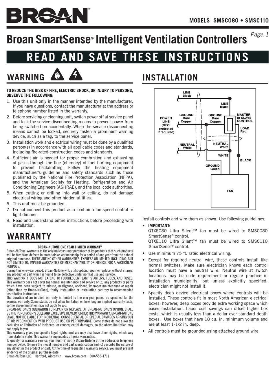 BROAN SMARTSENSE SMSC110 INSTRUCTIONS MANUAL Pdf Download ManualsLib