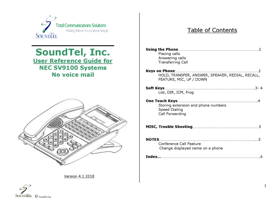 NEC SOUNDTEL SV9100 USER REFERENCE MANUAL Pdf Download | ManualsLib