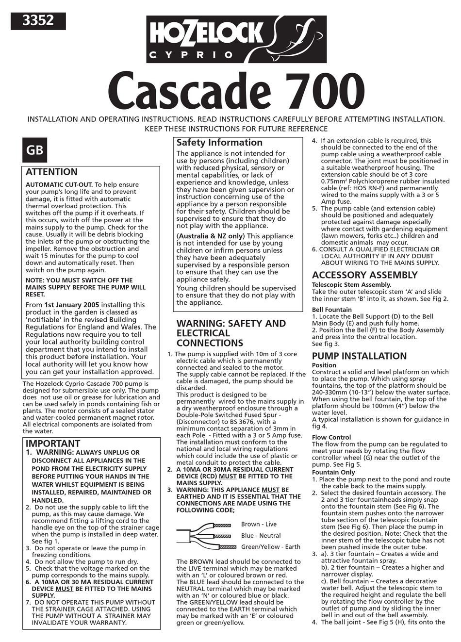 HOZELOCK CYPRIO CASCADE 700 INSTALLATION AND OPERATING INSTRUCTIONS Pdf