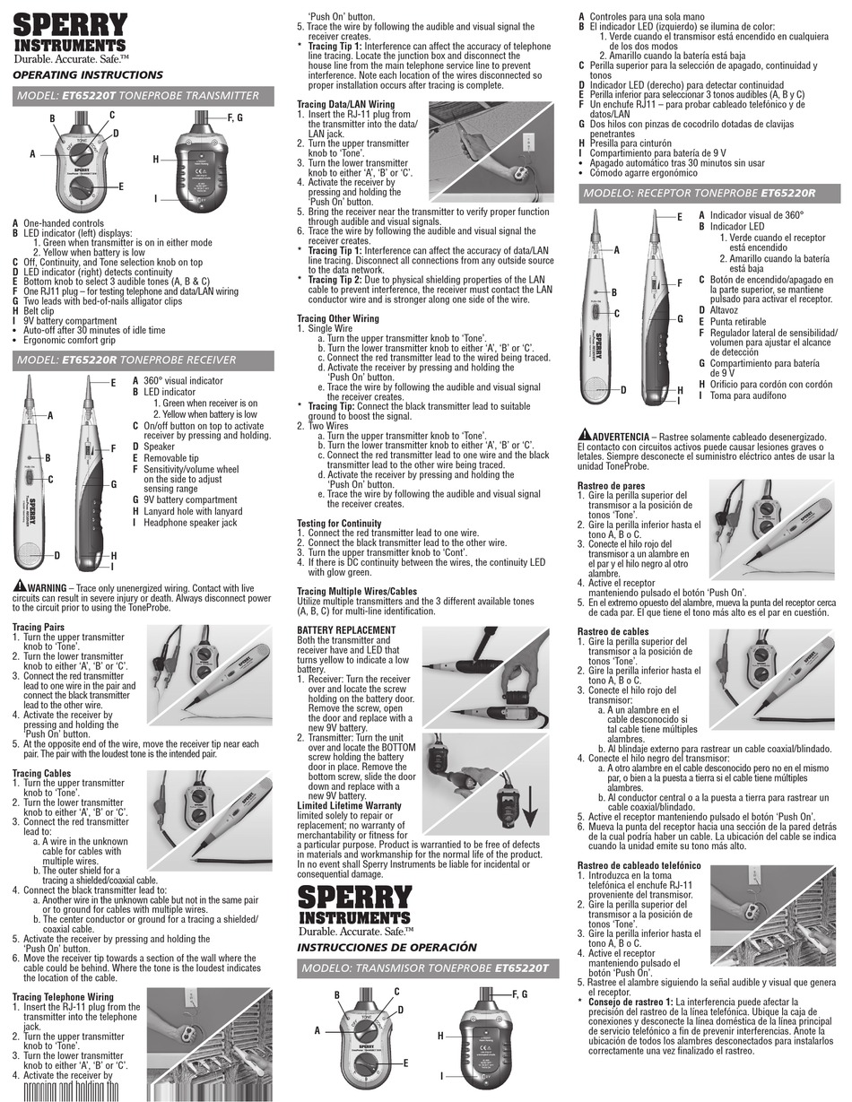 SPERRY INSTRUMENTS ET65220T OPERATING INSTRUCTIONS Pdf Download