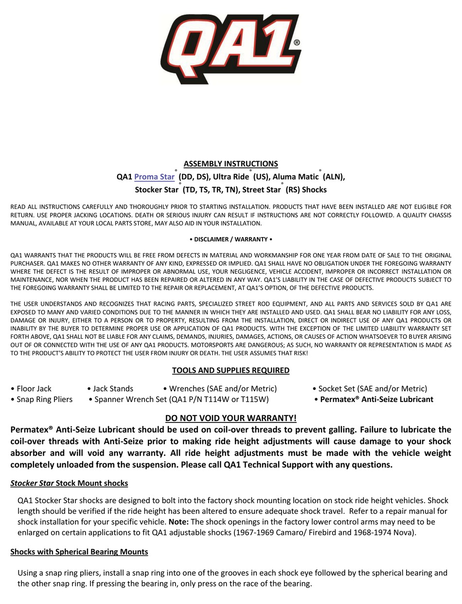QA1 PROMA STAR ASSEMBLY INSTRUCTIONS Pdf Download ManualsLib