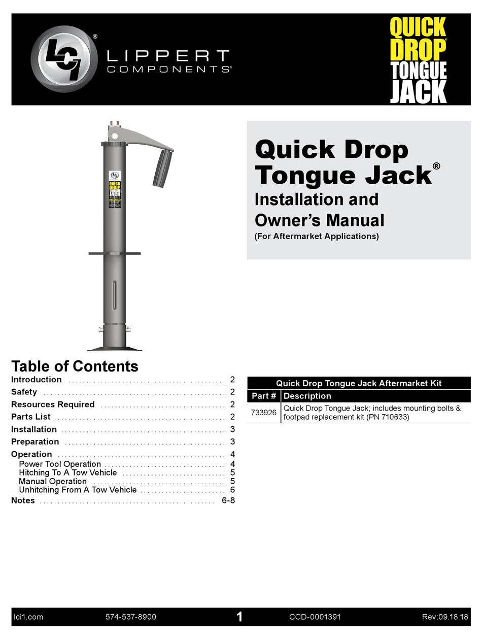 LIPPERT COMPONENTS QUICK DROP TONGUE JACK INSTALLATION AND OWNER'S MANUAL Pdf Download ManualsLib