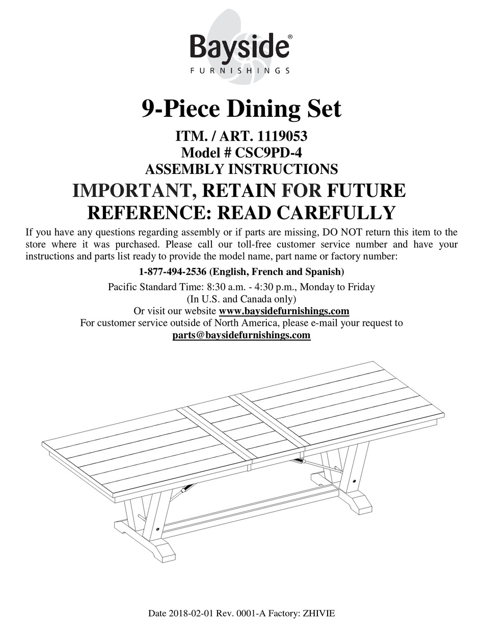 bayside 9 piece dining set instructions